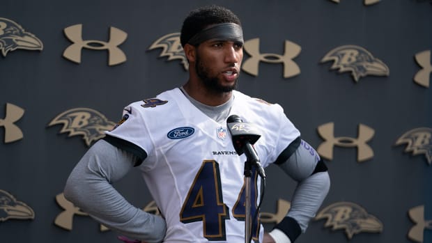 Ravens cornerback Marlon Humphrey (44) speaks with the media after day one of training camp at Under Armour Performance Center.